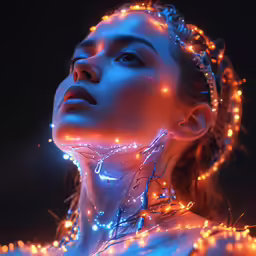 a woman with many lights in her face