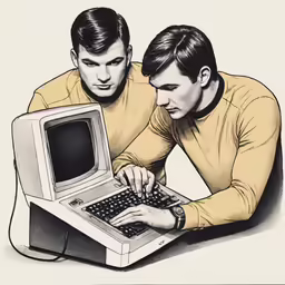 two men are working on a computer together
