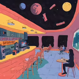 people are sitting in tables inside of a small space