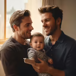a man holds a baby next to two other men