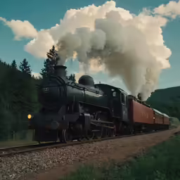 the steam engine of a train traveling through forest