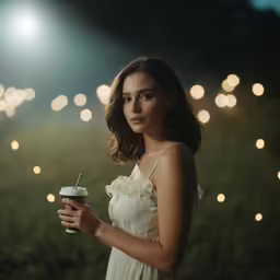 a woman holding a drink while standing under lights
