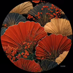 a circular design of various red flowers and leaf designs