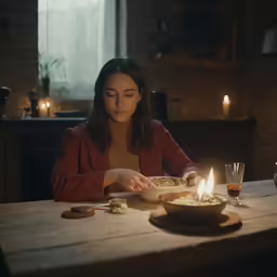 a woman in a red jacket holding a plate and lighting a candle