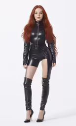 a woman with red hair is in high heels and black suit
