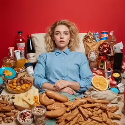 the blonde woman is posing in front of several large trays of food