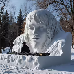 an ice sculpture with a man next to it in the snow