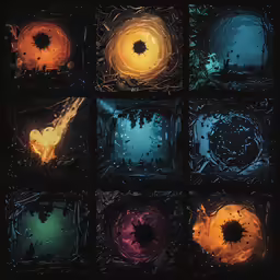 twelve pieces of glass with different colored light spots in the middle