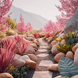 pink trees line the walkway between rocks