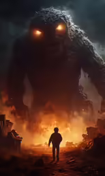a man stands in front of a monster like creature