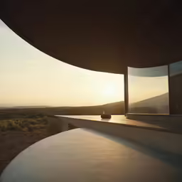the view from outside a building at sunset