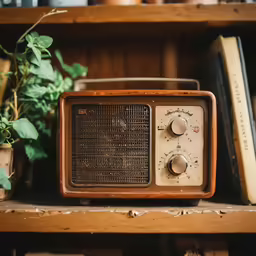 a brown radio on a shelf with some plants