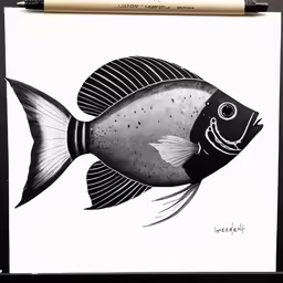 an ink drawing of a fish with a pencil