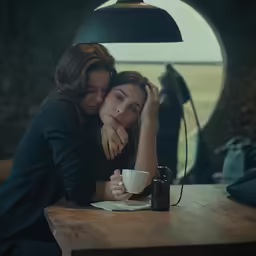 two women are hugging in a bar, one drinking a cup of coffee