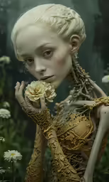 a creepy woman with a flower in her hand