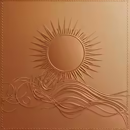 a gold background with a sun above a large round object