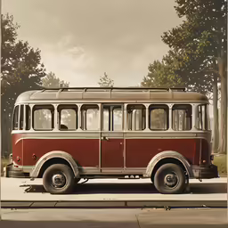 an old red and white bus parked on the side of the road