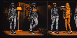 three different photos showing a woman wearing hats and clothing,three different shots showing a woman in the same outfit