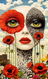 a close up view of the face and flowers