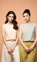 two models are posing in side by side in front of a brown background
