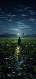 a man walking in the distance on a green field,a man standing in water at night with the moon in the background