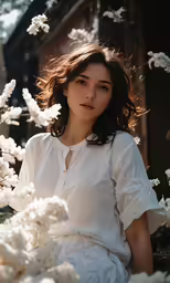 young woman in white shirt and flowers