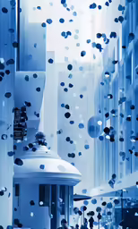 a long building that has a bunch of circles of balls hanging out