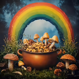 a pan full of mushrooms and rainbows sitting on the grass