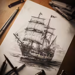 a painting of a ship with a person on it