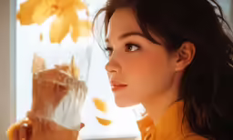 a beautiful young lady standing next to a window holding a glass