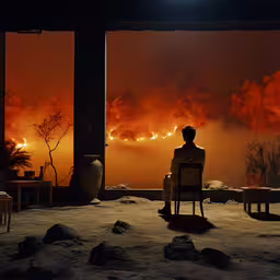 an orange glow in the distance shows a dark, dreary sky with orange fog over two chairs and an empty table,a man sitting on a chair looking at the sky