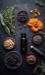 a bottle of oil on a table next to three bowls of nuts and fruits