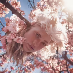 a close up of a person with flowers on her head