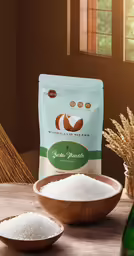 there is a bag of brown rice and a bowl of rice on a table