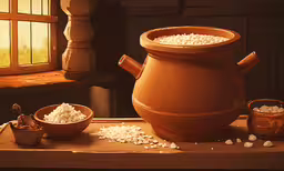 some bowls and bowls of food and a large pitcher,a vase and bowl of white food near a window
