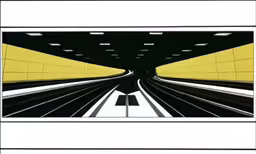 a black and white image of a yellow subway train