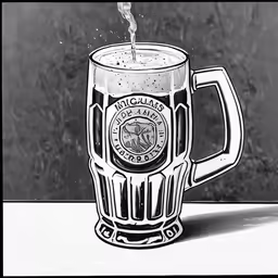 a beer mug filled with beer sitting on top of a table