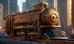the steam locomotive is going through a city,an artwork rendering of a train on train tracks