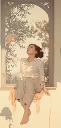 a girl sitting on a ledge outside of a window