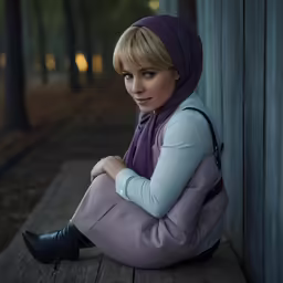 a beautiful young woman in a purple hijab sitting on a bench