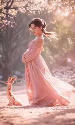 a beautiful young lady in pink dress walking with her baby deer