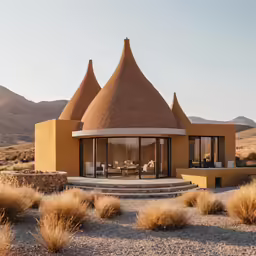 a small yellow building on the desert with lots of windows
