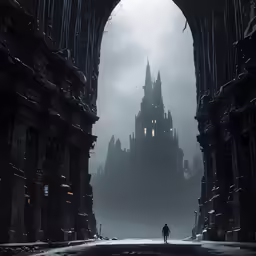 a person is standing in front of an archway on a snowy castle
