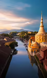 the skyline of an old town with a body of water in front