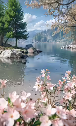 flowers are blooming near the shore of a lake