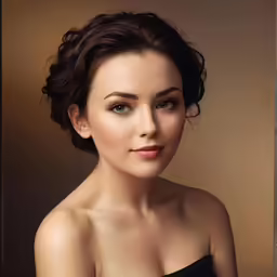 a woman with dark hair and wearing a black strapless dress
