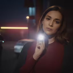 young lady holding up a lighted flashlight with both hands