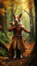 a cute corgi dog with a bow and arrow in his paws,an animated corgi holding up a bow and arrow