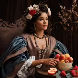 a woman in a medieval costume sits next to apples