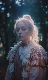 a woman in a park coat with curly hair is looking forward